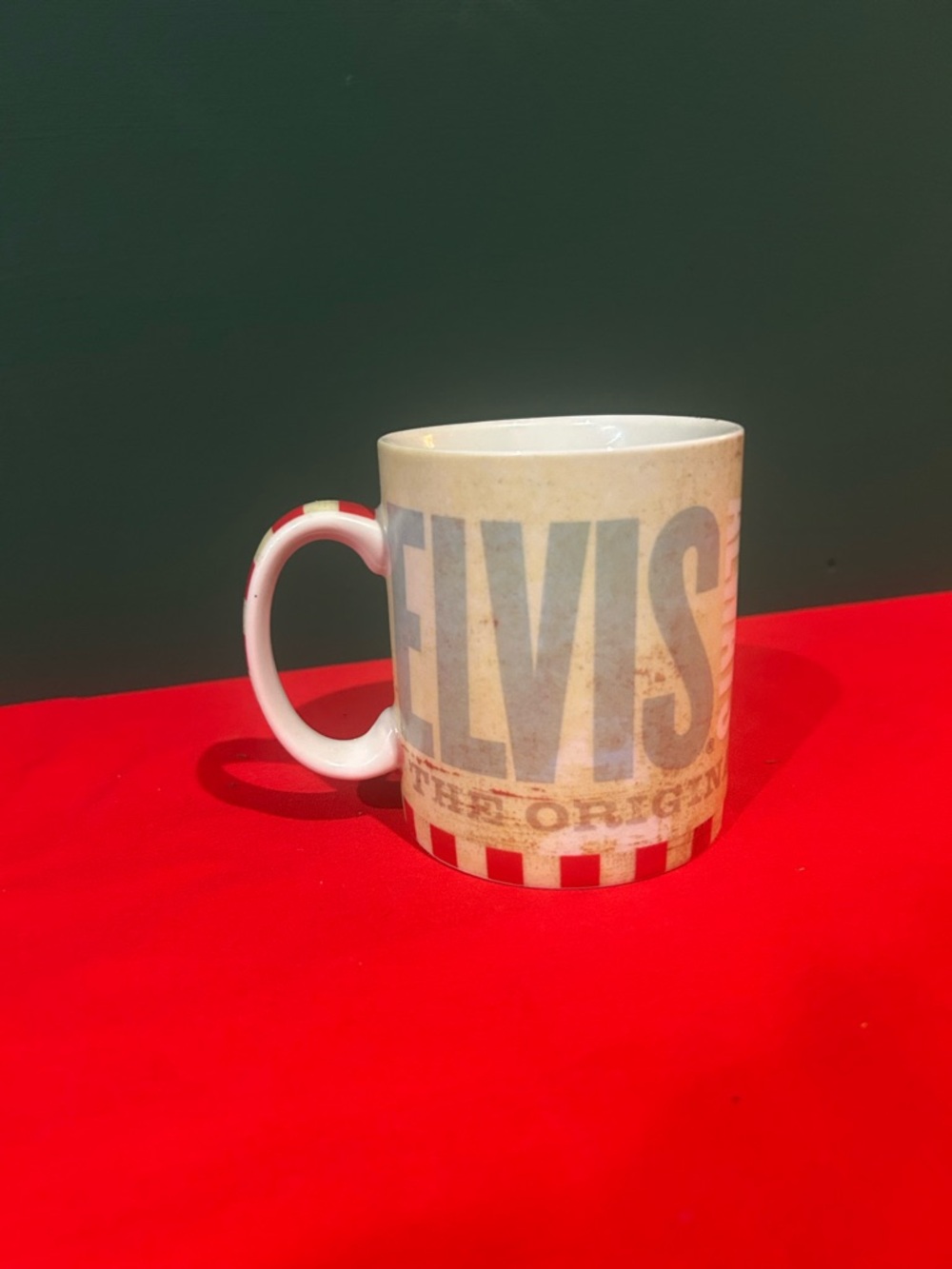 ELVIS PRESLEY White Ceramic Mug with Red Accent Stripe